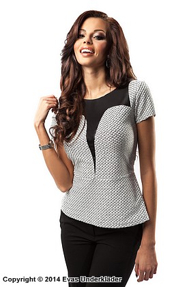 Gemustertes Peplum-Top, kurze Ärmel, Einlage aus Leder